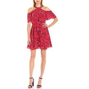 Shoshanna Womens Noriega Dress 8 Red Floral Silk Flutter Sleeve Tie Cinch Waist